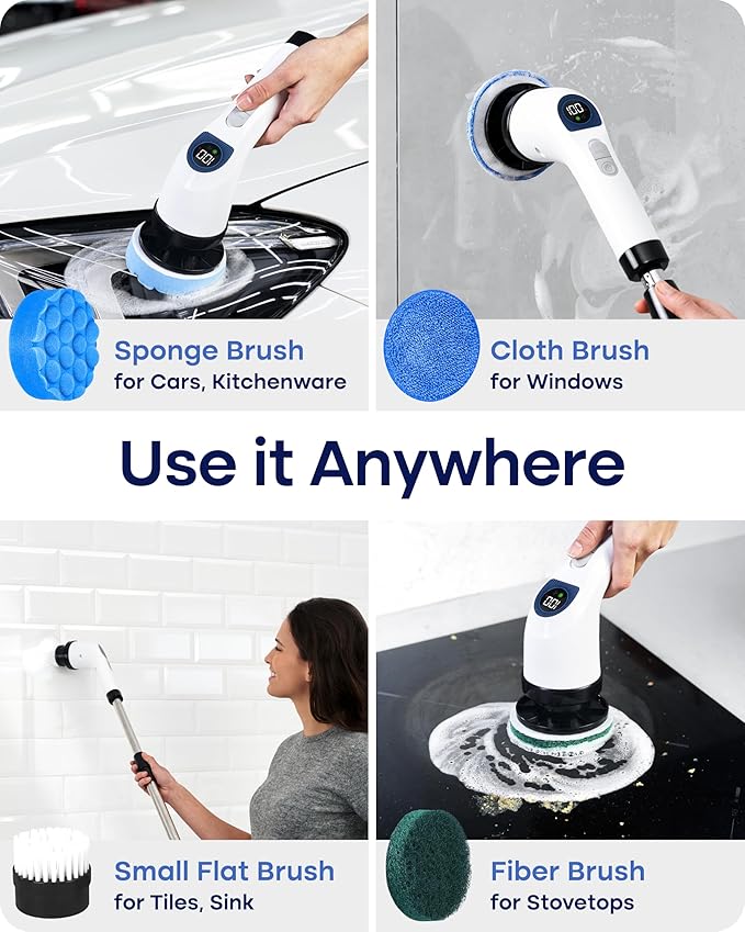 Electric Spin Scrubber for Cleaning - Shower Scrubber with Long Handle and 7 Replaceable Heads - 2 Speed Cordless Shower Brush for Cleaning with Long Battery Life, White