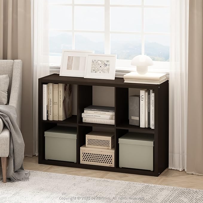 Furinno Cubicle Open Back Decorative Cube Storage Organizer, 6-Cube, Black Dark Oak