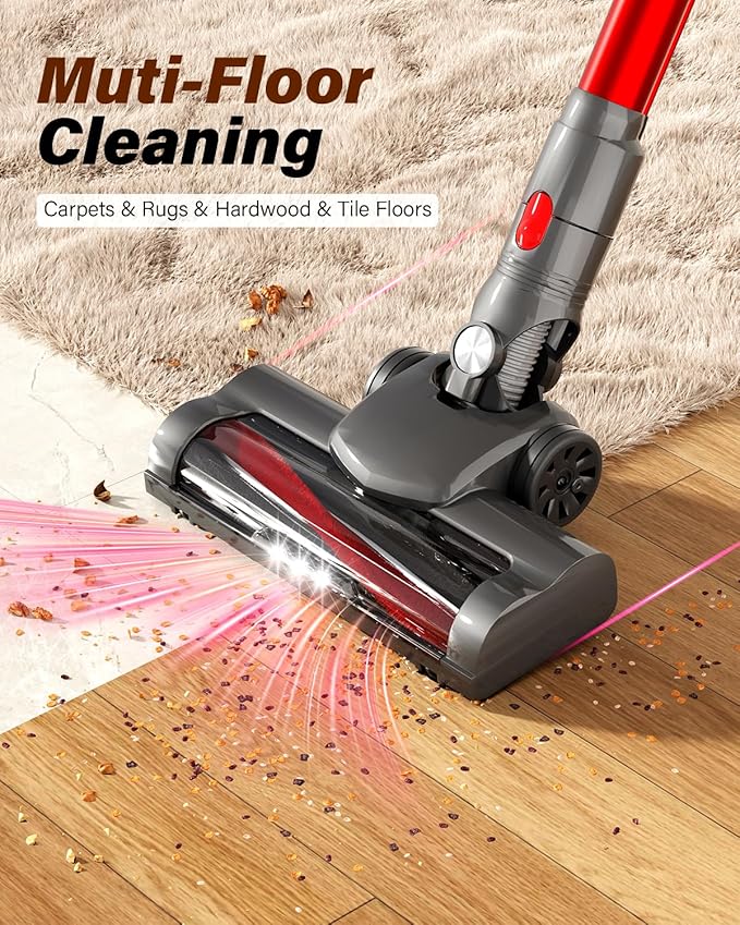 Cordless Vacuum Cleaner, 450W/45KPA Self-Standing Stick Vacuum, Lightweight Handheld Vacuum with LED Screen, Rechargeable Vacuum for Home, Hardwood, Carpets, Pet Hair, Car (Red)