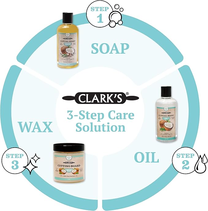 CLARK'S Cutting Board Care Kit with Coconut Oil - Includes Wax, Soap, Scrub Brush, Buffing Pad, and Applicator - for Kitchen Countertops, Butcher Blocks, Wooden Bowls and Utensils - Food Safe