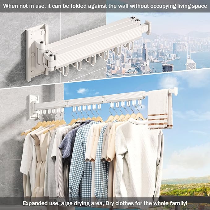 Wall Mounted Clothes Drying Rack, Retractable Laundry Rack for Hanging Clothes, Collapsible, Foldable, White-Rings