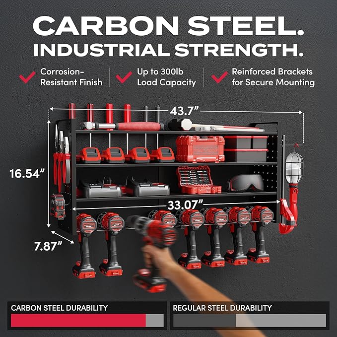 Power Tool Organizer Wall Mount - Power Tool Storage Rack with 3 Shelves, 8 Drill Holders, Bit Holder, Load 300 lbs, Pegboard Sides Storage for Tools- Garage Drill Organizer, Ultimate Workshop Station