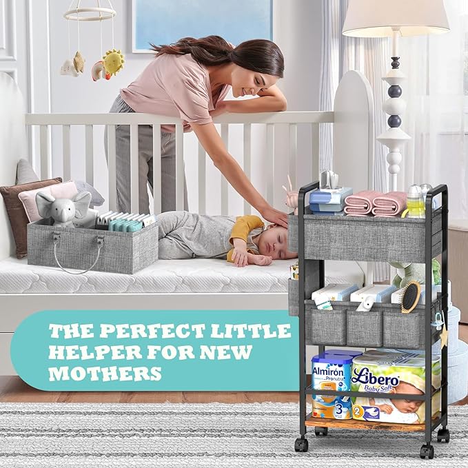 2In1 Baby Diaper Caddy & 4-Tier Rolling Diaper Cart, Diaper Caddy Organizer Cart with Dividers & Drawer, Mobile Metal Bedside Cart for Nursery Essentials Storage, Large Capacity