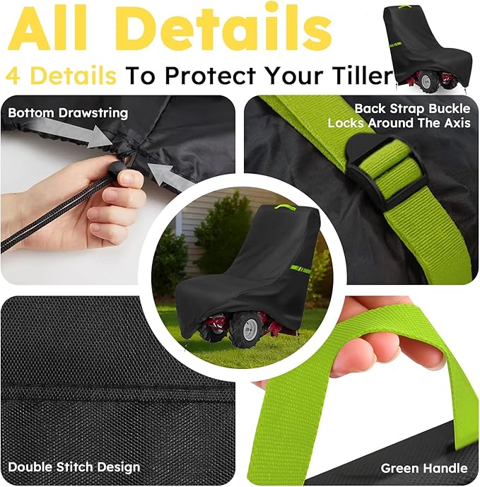 Tiller Cover, Rototiller Covers, 420D Silver-Coated Waterproof Fabric, Adjustable Drawstring Hem, Green Handle & Rear Waist Band – Fits Most Tillers (Black, Electric Tiller Cover)