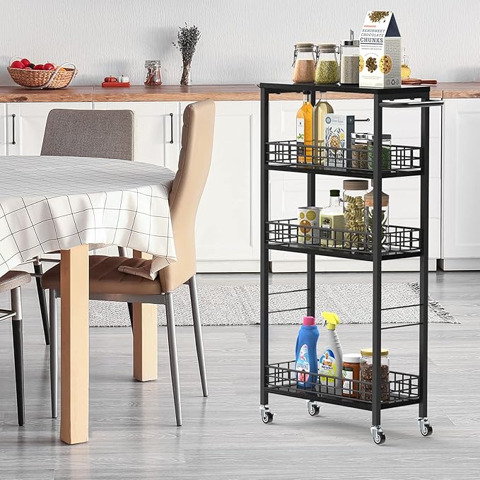 Slim Storage Cart 4 Tier Rolling Kitchen Cart Utility Serving Cart Laundry Room Narrow Cart with Handle Mobile Sheving Unit Organizer Wood Rolling Storage Cart for Bathroom Small Spaces, Modern Black