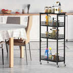 Slim Storage Cart 4 Tier Rolling Kitchen Cart Utility Serving Cart Laundry Room Narrow Cart with Handle Mobile Sheving Unit Organizer Wood Rolling Storage Cart for Bathroom Small Spaces, Modern Black