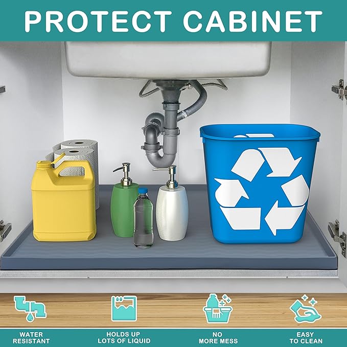 URMONA Waterproof Silicone Under Sink Mat 28'' x 22'' Shelf Liner for Kitchen and Bathroom, Cabinet and Counter Protector, Storage and Organizers, Litter Mat, Pet Cat Puppy Essentials(Dark Grey)