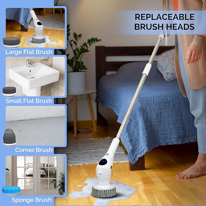 Electric Spin Scrubber, Cordless Power Brush with 8 Multi-Functional Heads, 3 Adjustable Speeds, IPX7 Waterproof, LED Display, Long Handle (13.8"-51"), Perfect for Bathroom, Tile, Kitchen, Car