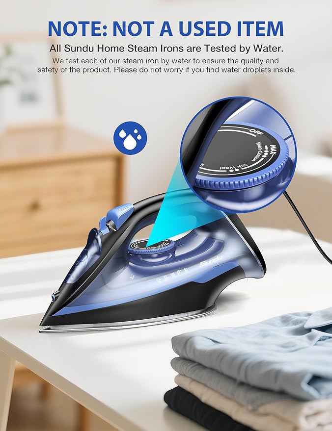 Sundu Steam Iron for Clothes with Rapid Heating Ceramic Coated Soleplate, 1500W with Precise Thermostat Dial, Self-Cleaning, Auto-Off, 15.21oz Water Tank for Home Clothes Ironing Use, Blue