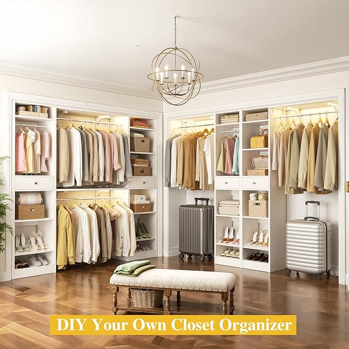 Unikito 10-15FT Closet Systems, Large Wood Walk in Closet Organizer with Hanging Rods and Drawers, Heavy Duty Closets Wardrobe with Shoe Rack, Sturdy Reversible Clothes Closet Kit, White, Set of 2