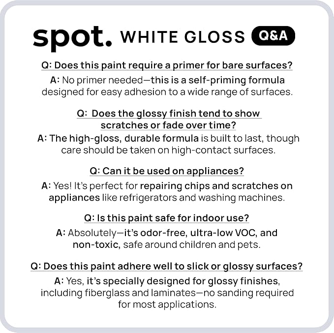 spot. Touch Up Paint, Porcelain + Appliance Repair Kit, for Chips, Scratches, Cracks, and Spots on Tiles, Metal Surfaces, Ceramics, and Fiberglass, White Gloss, 1 Fl Oz