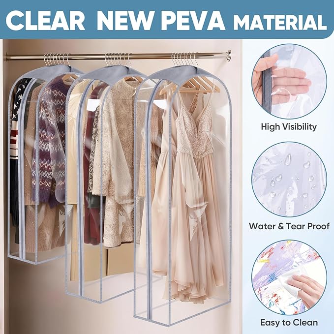 BALEINE 40'' Clear Garment Bags, 10.5'' Wide PEVA Suit Bag for Closet Clothes Dresses Suit Coats Storage (Clear, 6PK)