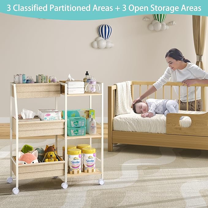 Baby Diaper Caddy Organizer Cart, 3-Tier Rolling Wheels Cart with Dividers and Shelves, Bedside Utility Cart for Nursery Essentials, Large Capacity Mobile Storage Cart for Crib, Bedroom
