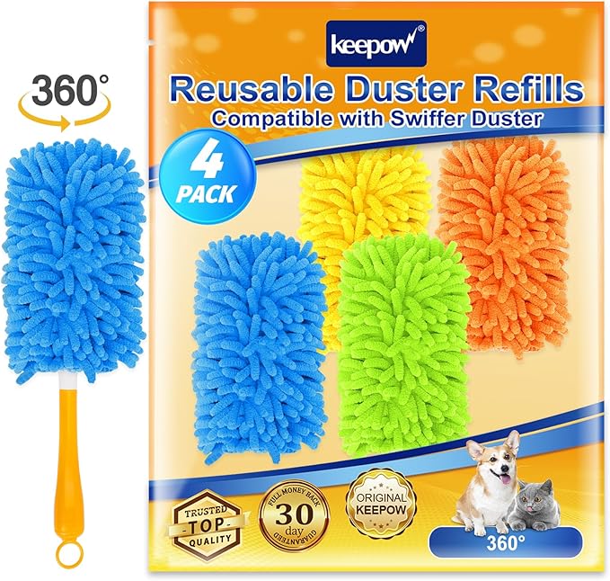 KEEPOW Reusable Duster Refill Compatible with Swiffer Duster Refills, Microfiber Dusters for Cleaning, 4 Color Blue Yellow Orange Green 360° Heavy Duty Duster Refills, 4 Pack(Handle is Not Included)