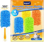 KEEPOW Reusable Duster Refill Compatible with Swiffer Duster Refills, Microfiber Dusters for Cleaning, 4 Color Blue Yellow Orange Green 360° Heavy Duty Duster Refills, 4 Pack(Handle is Not Included)