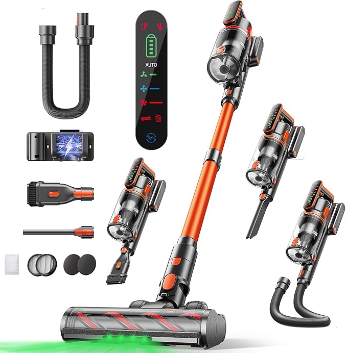 Cordless Vacuum Cleaner, 600W/50KPa/65Min Runtime Stick Vacuum with 3.3Ft Hose, Wall Mount Charging, Auto Mode, Touchscreen, Self-Standing Vacuum Cleaner for Home/Pet Hair/Carpet/Car, Fragrance