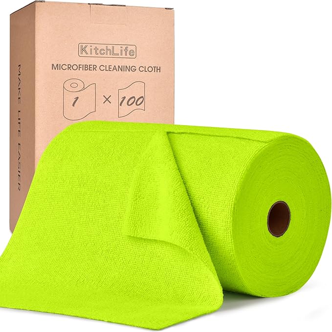 KitchLife Microfiber Cleaning Cloth Roll, 100 Pack - Tear-Away Microfiber Paper Towels, Lint-Free, Reusable, Washable for Kitchen, Car, Dishes, and Sensitive Surfaces (Neon Green)