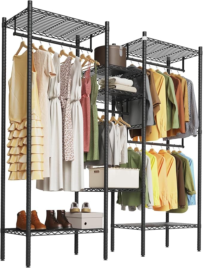 Heavy Duty Clothes Rack, Clothing Racks for Hanging Clothes, Freestanding Garment Racks with Shelves, Adjustable Closet Racks, 73.6" L x 17.3" W x 76.4" H, Max Load 1000LBS, Black