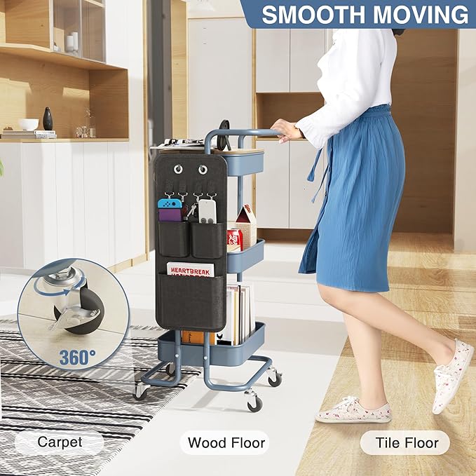 DTK 3 Tier Metal Utility Rolling Cart with Table Top and Side Bags, Metal Tray Storage Organizer Cart with Wheels, Art Craft Cart with 4 Hooks for Kitchen Bathroom Office Living Room (Blue)