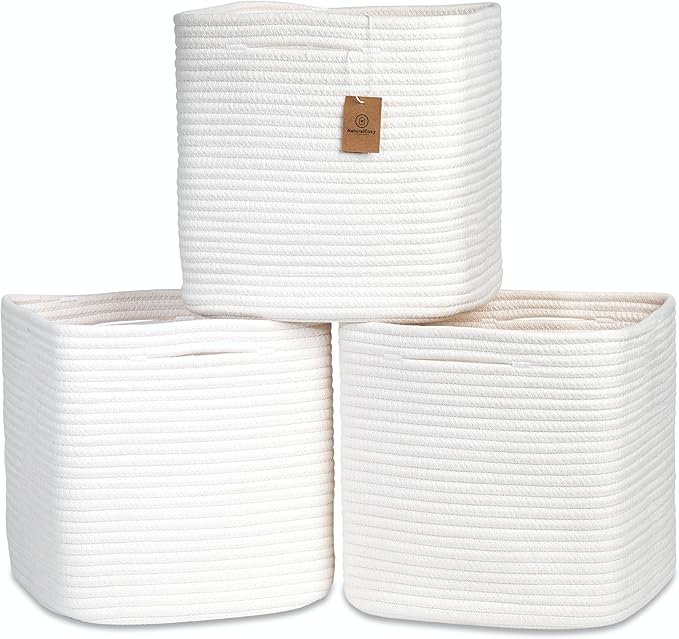NaturalCozy 13 Inch Cube Storage Bins Cotton Rope Woven Baskets for Organizing 3-Pack | 13 x 13 Storage Cubes | Fabric Square Storage Baskets for Shelves Organizer, Kids Toy Bins, Closet Baby Nursery