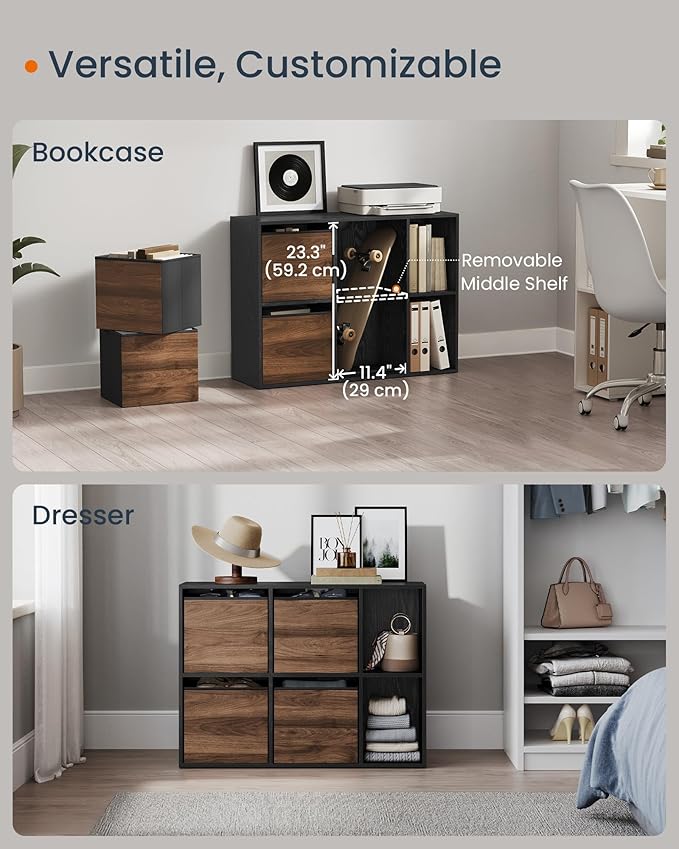 SONGMICS Home Bookshelf, Superfast Toolless Assembly, Cube Storage Organizer with 6 Compartments, Set of 2 Bookcase, 4 Fabric Drawers, Natural Walnut and Ebony Black UZH2507020