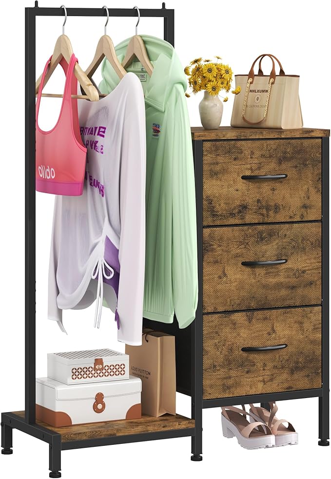 Dresser for Bedroom with Hanging Rack, 3 Drawers Dresser for Bedroom - Rustic Brown