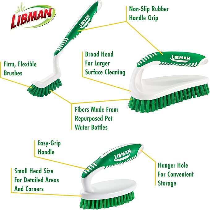 Libman Scrub Brush Kit – Three Different Durable Brushes for Grout, Tile, Bathroom, Kitchen. Easy to Handle, Strong Fibers for Tough Messes – Family Made in the USA, Unisex Lot 2406