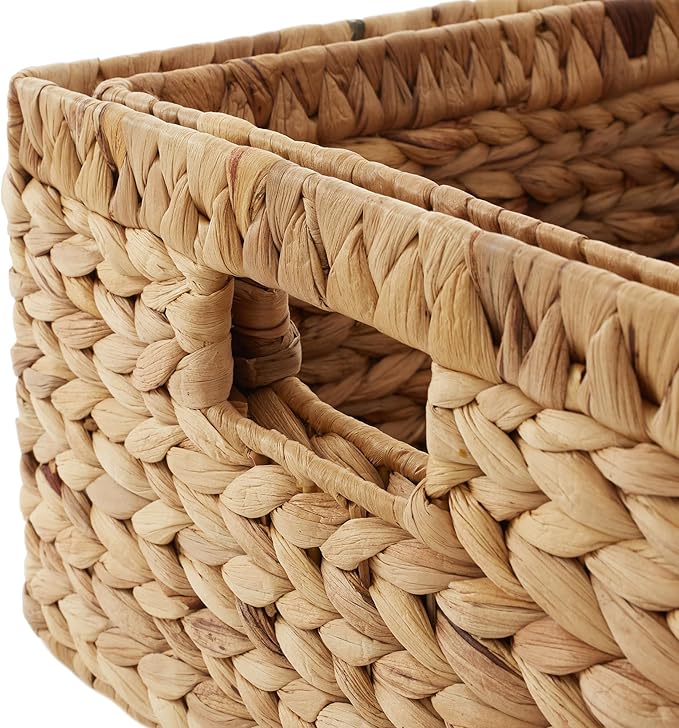 Casafield Set of 2 Water Hyacinth Storage Baskets with Handles - 1-Jumbo, 1-Large Woven Organizers for Bathroom, Laundry, Pantry, Office, Shelves