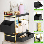 2-Tier Bathroom Counter Organizer with Drawer and Basket, Wood Countertop Organizer for Storage, Skincare Organizers for Vanity, Counter Shelf for Bathroom Organization(Black-Gold)