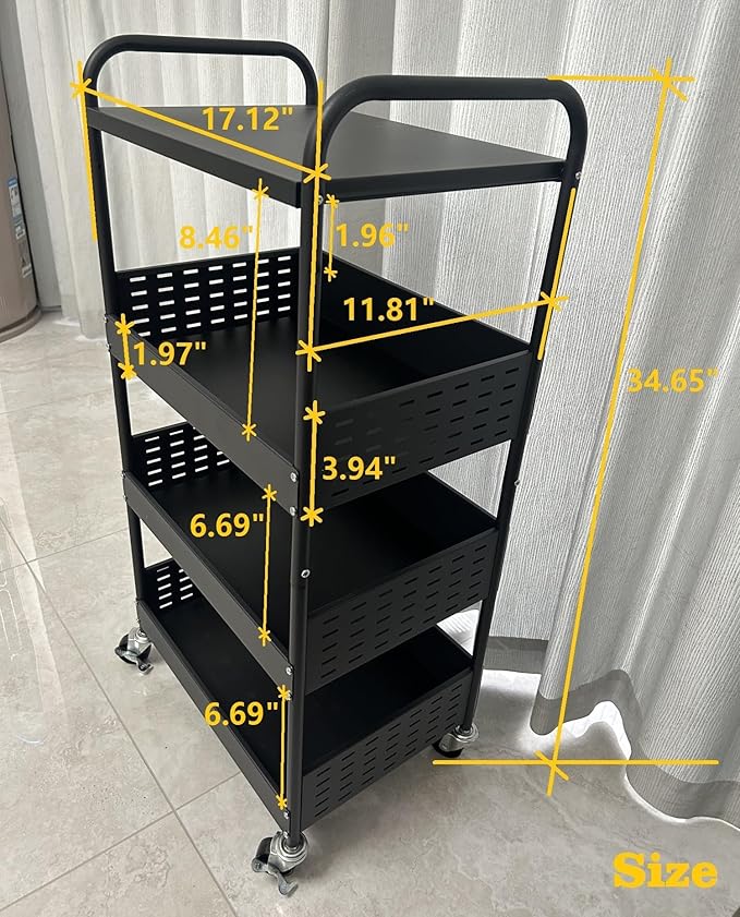 Stable 4 Tier Rolling Metal Storage Organizer, Heavy Duty Kitchen Rolling Cart, Metal Top Vegetable Storage Cart with Wheels for Kitchen Pantry Utility Use (Black)