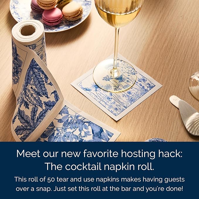 Botanicals Cocktail Napkin Roll of 50 | 100% Cotton Quick Dry Reusable | Perfect for Home, Dining, Birthday, Gifts | Blue and White, 4.5W X 4.5L