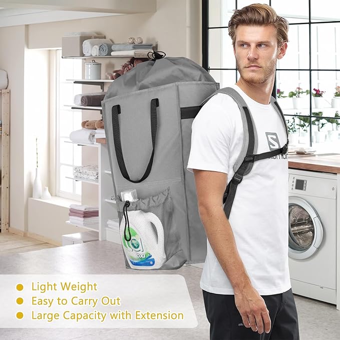 110L Backpack Laundry Bag, Laundry Backpack Heavy Duty with Shoulder Straps, Collapsible and Mesh Pocket Back to School Supplies Hamper Bag for College, Travel, Laundromat, Apartment Grey