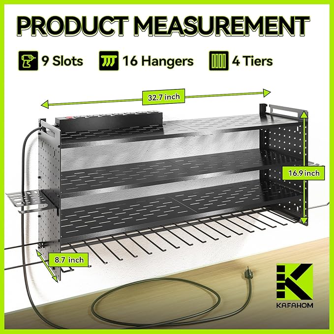 KAFAHOM Power Tool Organizer with Charging Station,9 Drill Holder Wall Mount,4 Layer Durable Metal Cordless Drill Storage for Garage Organization,Battery Tool Rack Built in 7 Outlet Power Strip Black