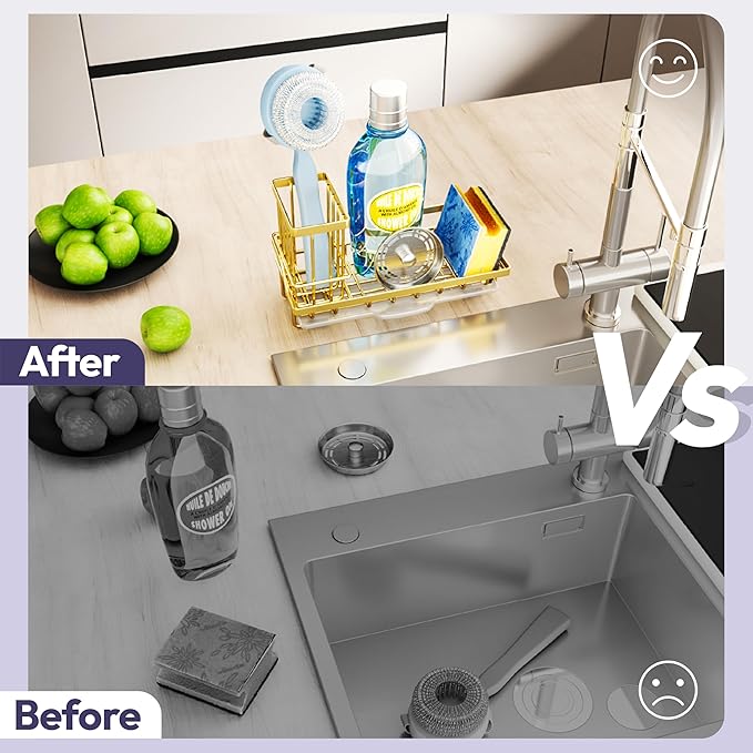 SWTYMIKI Sink Caddy Kitchen Sink Organizer with Detachable Brush Holder, Stainless Steel Sponge Holder with Removable Drip Tray Sponge Caddy for Kitchen Countertop, Gold