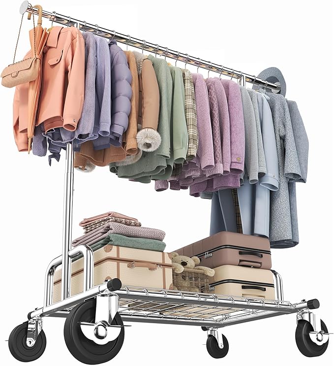 HOKEEPER Heavy Duty Clothes Rack Load 525 LBS, 75''W Adjustable Garment Rack, Rolling Clothing Rack for Hanging Clothes with Lockable Wheels, Portable Collapsible Closet Rack for Bedroom Laundry Room