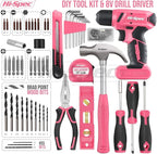 Hi-Spec 58pc Pink 8V USB Electric Power Cordless Drill Driver and Womens Ladies Home DIY Tool Kit Set. Screwdrivers, Drill Bit Set Accessories, Pliers and Hammer In a Toolbox Case