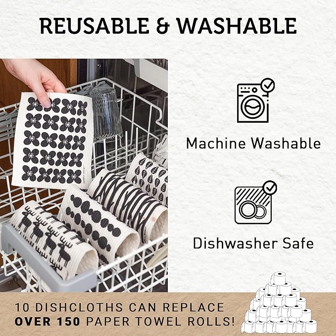 Nordhus Design Swedish Dishcloths, 10 Cloths, Made in Sweden - Reusable, Washable Cellulose Cotton Kitchen Cloths - Replace Paper Towels, Wipes, Sponges, Dish Rags
