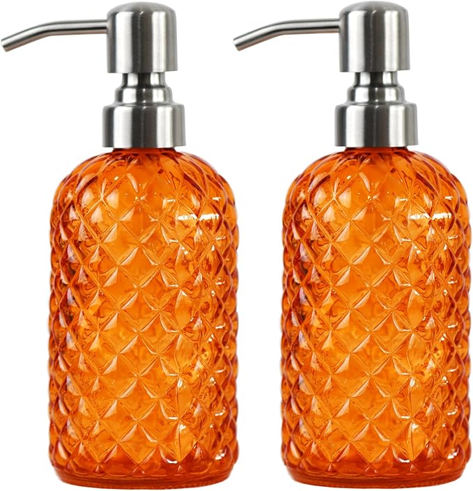 Bathroom & Kitchen Glass Hand and Dish Soap Dispenser with 304 Rustproof Stainless Steel Pump (Orange-2pack)