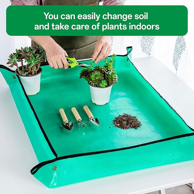 Reusable and Durable 5pcs Green Solid Lacquered ironsteel Garden Tool Set with Spade, rake, Shovel, and 6.5 inch Plant Shears, Waterproof repotting mat for Indoor and Outdoor Plants
