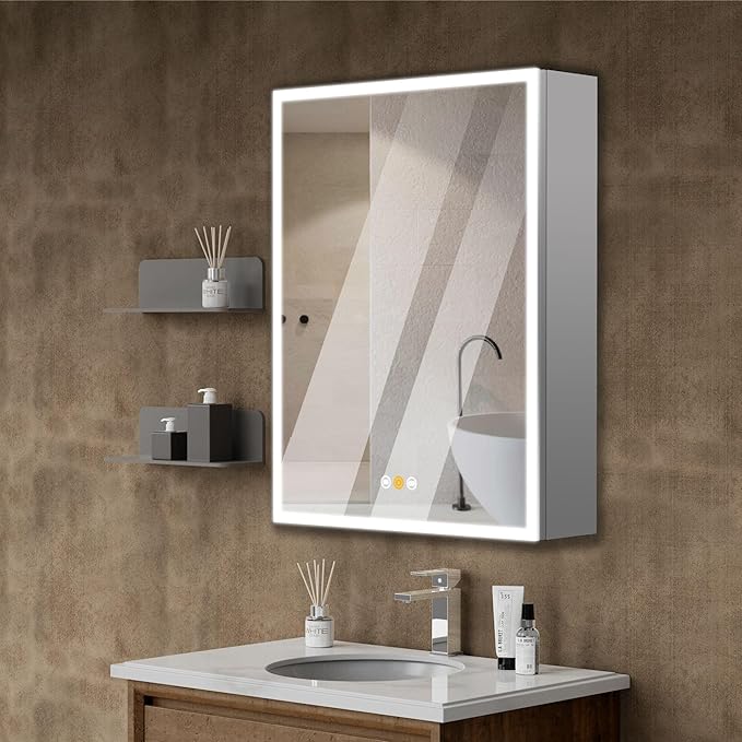 20”W x 26”H Medicine Cabinets for Bathroom with Mirror, Surface Mounted LED Medicine Cabinets Organizer with Defogger, Dimmer, Outlets & USB, Single Doors