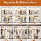 Unikito 58" W - 90" W Closet System, Large Walk in Closet Organizer with 3 Hanging Rods and Shelves, Heavy Duty Wood Closets Wardrobe with 2 Drawer & Shoe Rack, Sturdy Reversible Clothing Racks, White