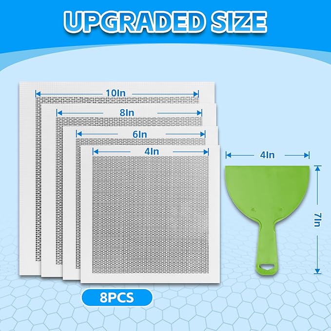 Wall Repair Patch Kit Upgraded Size, 8 Psc 10/8/6/4 inch Self Adhesive Pieces Aluminum Drywall Repair Kit, with Its Own Large Squeegee and Scraping