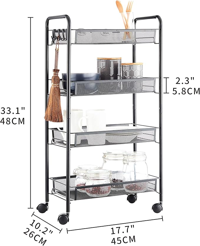 JANE EYRE Rolling Utility Storage Rack Cart on Wheels, Trolley Carft cart, Multi-Purpose Organizer Shelf (Black, 4 Tier)…