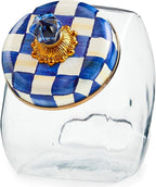 MACKENZIE-CHILDS Sweets Jar with Enamel Lid, Small Glass Cookie Jar or Kitchen Jar, 0.5-Gallon Capacity, Blue-and-White Royal Check