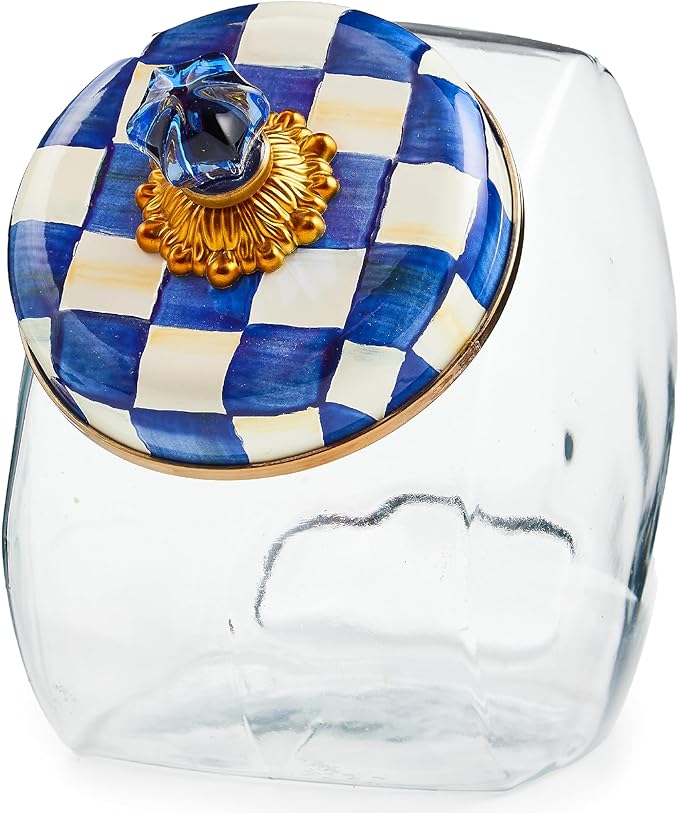 MACKENZIE-CHILDS Sweets Jar with Enamel Lid, Small Glass Cookie Jar or Kitchen Jar, 0.5-Gallon Capacity, Blue-and-White Royal Check