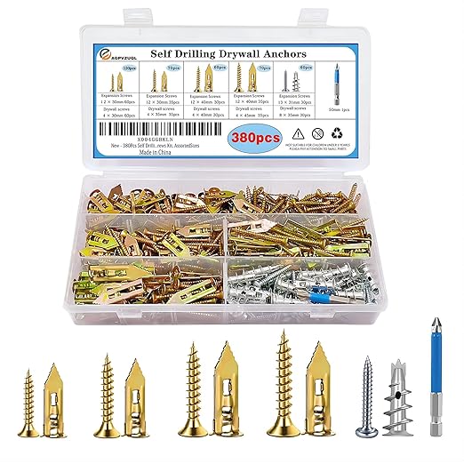 380pcs Self Drilling Drywall Anchors with Screws, 5 Different Sizes Zinc Plated Steel Self-Drilling Anchors Set, Easy Application No Drill or Holes in Wall