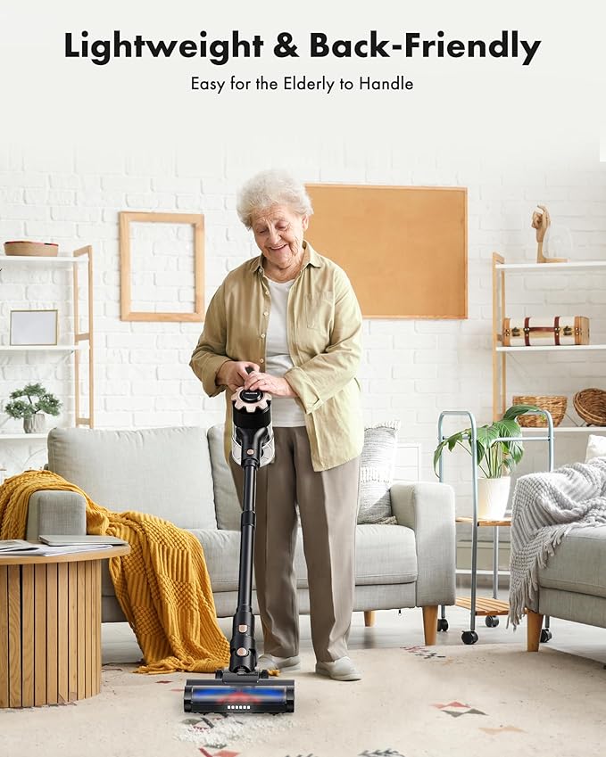 Cordless Vacuum Cleaner, 8-in-1 Lightweight Stick Vacuum with 45mins Runtime, Powerful Suction, Rechargeable Cordless Vacuum for Carpet, Tile, Pet Hair, Hardwood Floors, Black