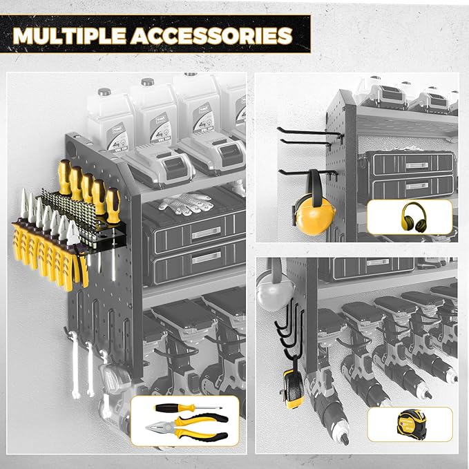 KAFAHOM Power Tool Organizer with Charging Station, Built in 8 Outlet Power Strip,Large 8 Drill Holder Wall Mount, Heavy Duty Metal Power Tool Storage Rack Tool Shelf for Garage Organization Black
