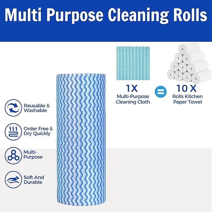 Reusable Cleaning Cloths Kitchen Paper Towels Washable Rolls Dish Cloths Dish Towels Handi Wipes,Quick Dry,Blue, 50 Ct/Roll,Total 4 Rolls