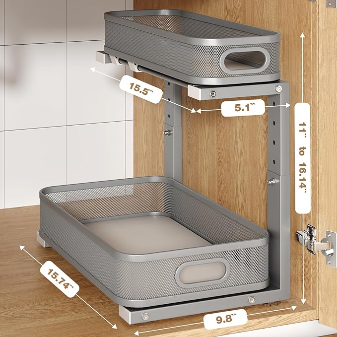 2 Pack 15.7IN-Depth Under Sink Organizer With Smooth Cylindrical Rail,2-Tier Pull Out Multi-Purpose Cabinet Storage for Bathroom&Kitchen,Height Adjustable,Rust-resistant Coating-Gun Gray